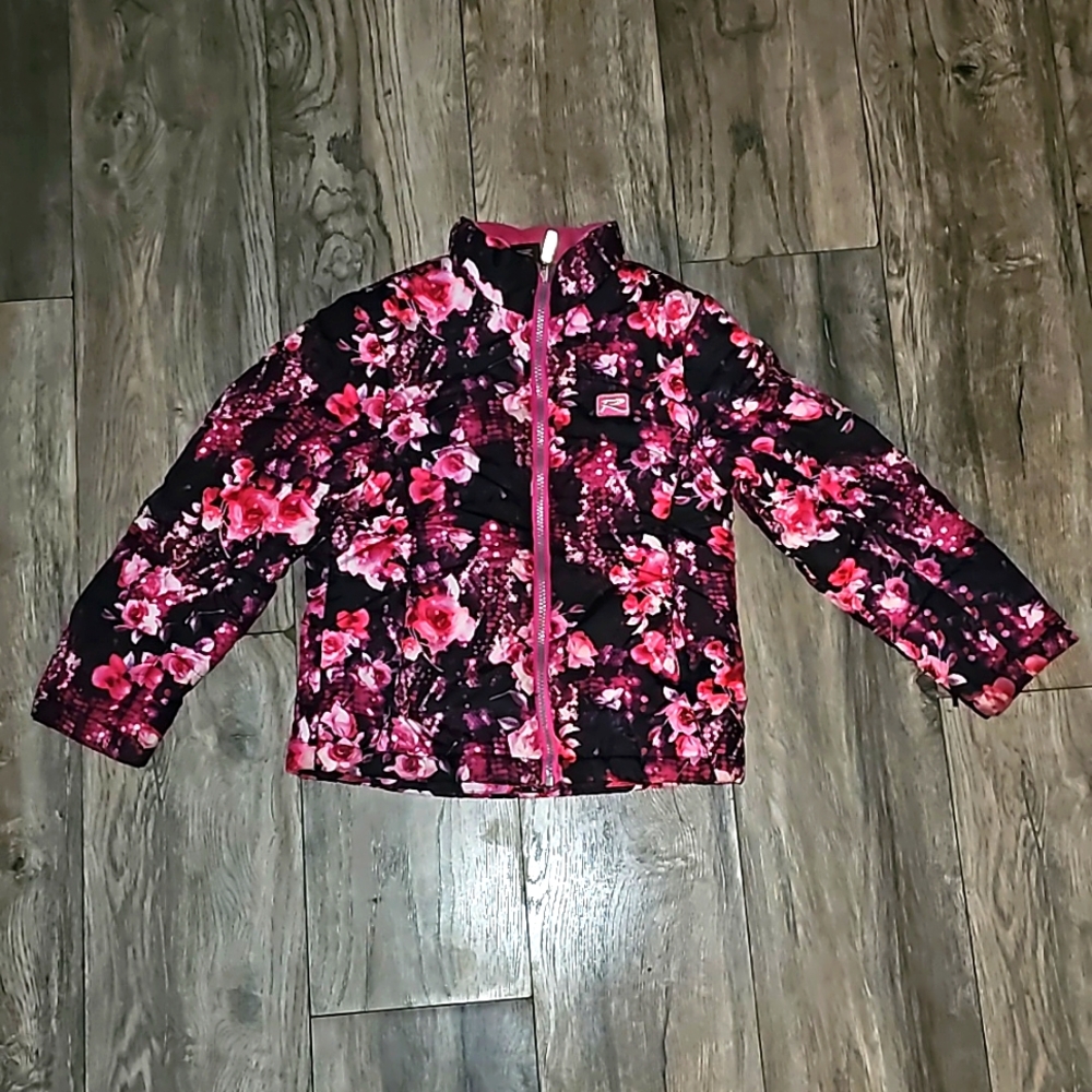 RWay puffer jacket girls 6/7 pink rose sequin print pockets i7